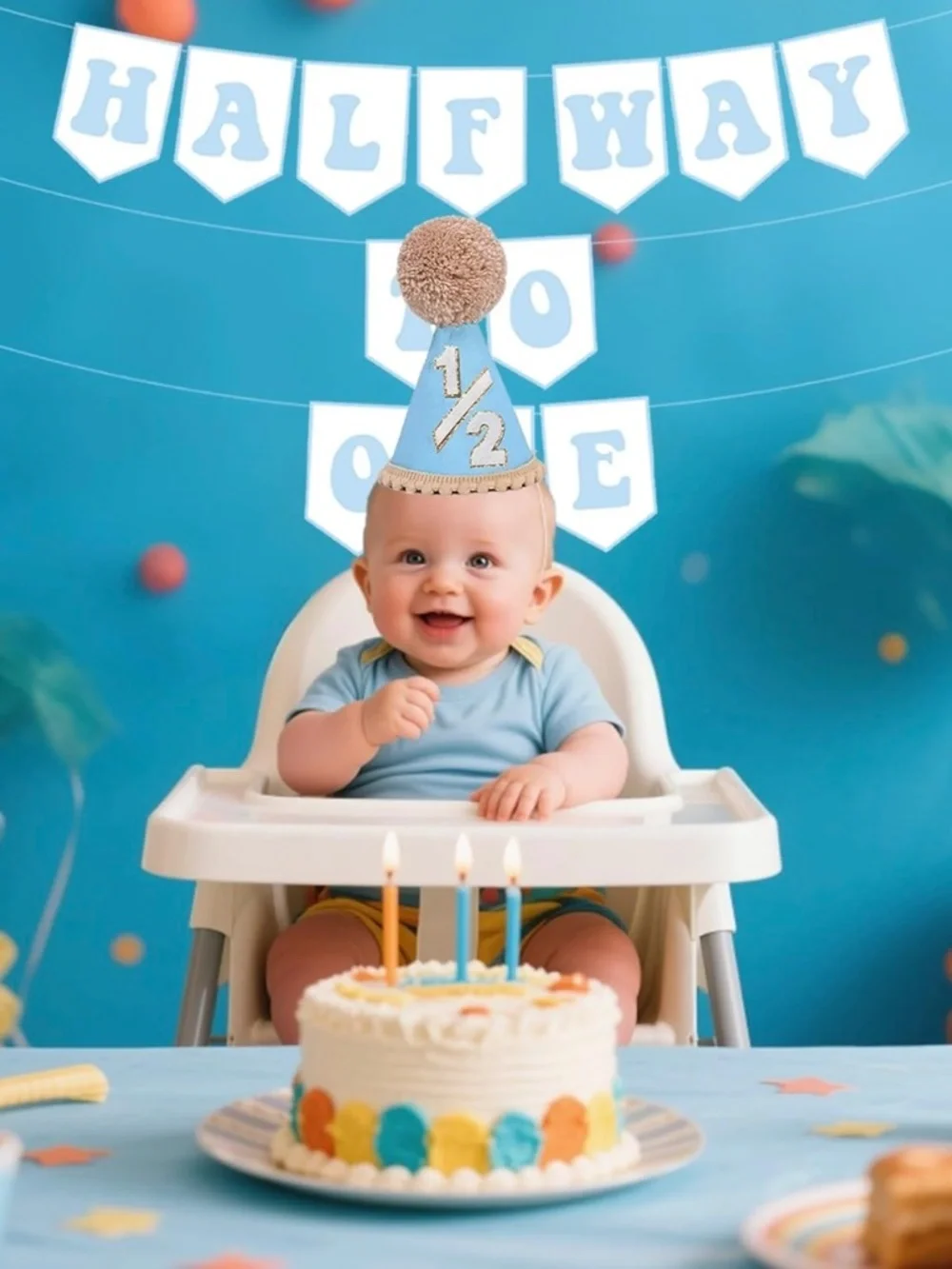 NOT FOR SALE - Blue Half Birthday Decorations Boy 1/2 Hat Banner Halfway to One